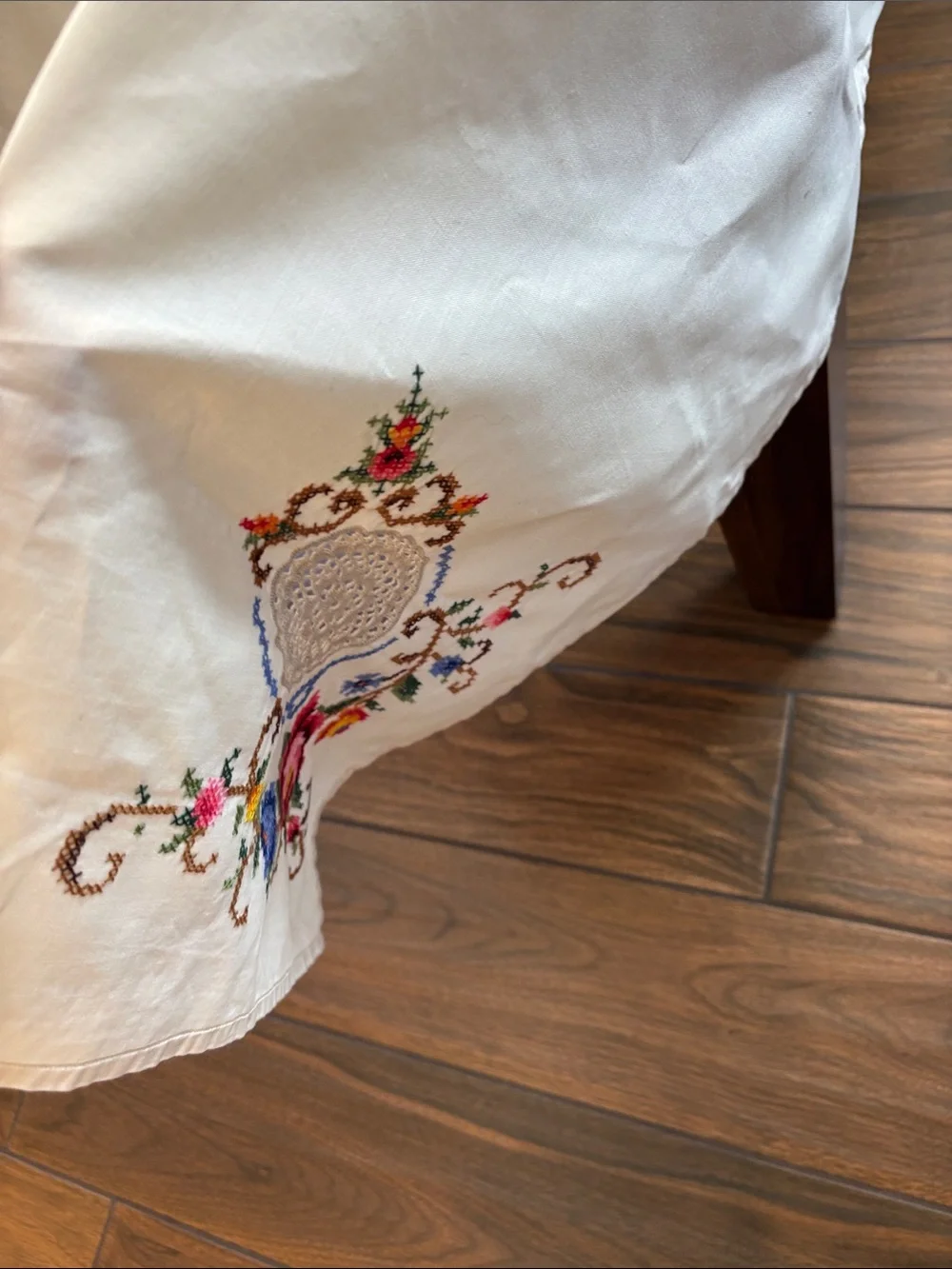 Vintage Large Embroidered & Crochet Floral Tablecloth White, Pink & Multicolor